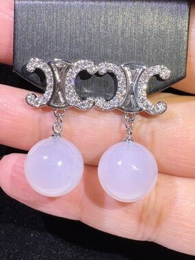 Crystal-Embellished Silver Drop Earrings with Lavender Chalcedony Spheres